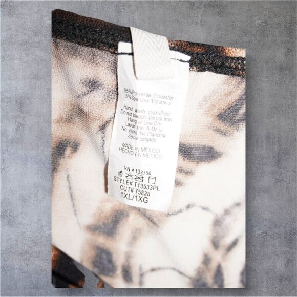 Bluebell Brown Swirl Print Mesh Top – Size 1X – Y2K Inspired Bell Sleeve Knot - Picture 12 of 14